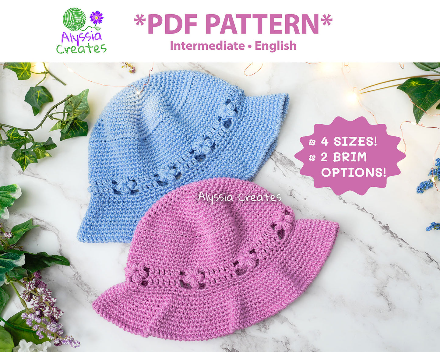 Puff Flower Bucket Hat Crochet PDF PATTERN | 4 sizes + 2 brim options!