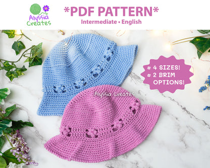Puff Flower Bucket Hat Crochet PDF PATTERN | 4 sizes + 2 brim options!