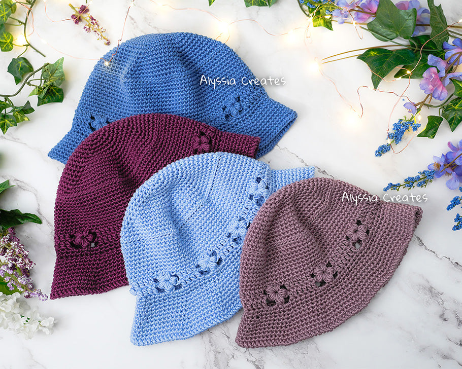 Puff Flower Bucket Hat Crochet PDF PATTERN | 4 sizes + 2 brim options!