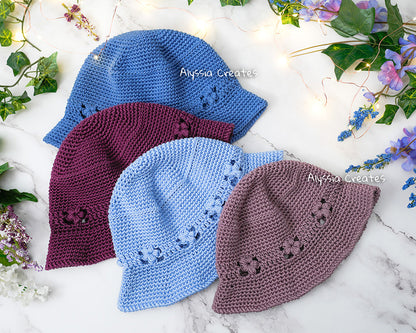 Puff Flower Bucket Hat Crochet PDF PATTERN | 4 sizes + 2 brim options!