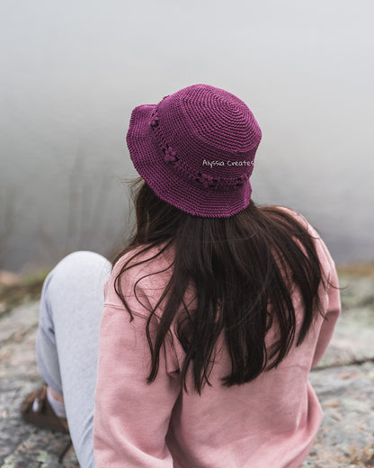 Puff Flower Bucket Hat Crochet PDF PATTERN | 4 sizes + 2 brim options!