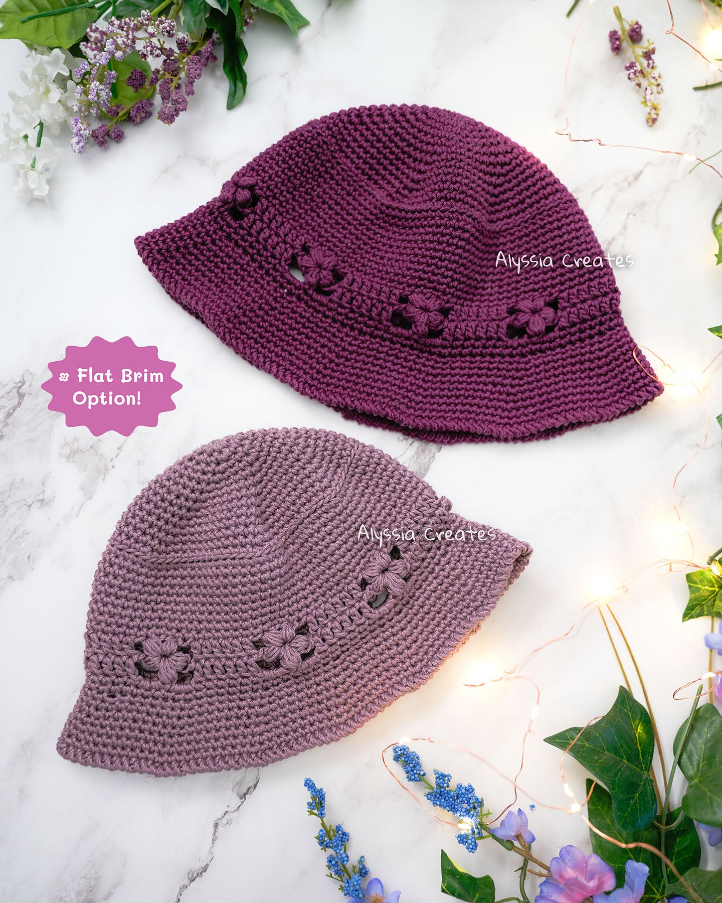 Puff Flower Bucket Hat Crochet PDF PATTERN | 4 sizes + 2 brim options!