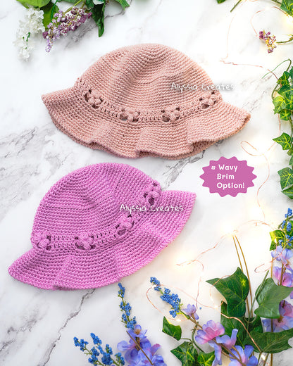 Puff Flower Bucket Hat Crochet PDF PATTERN | 4 sizes + 2 brim options!