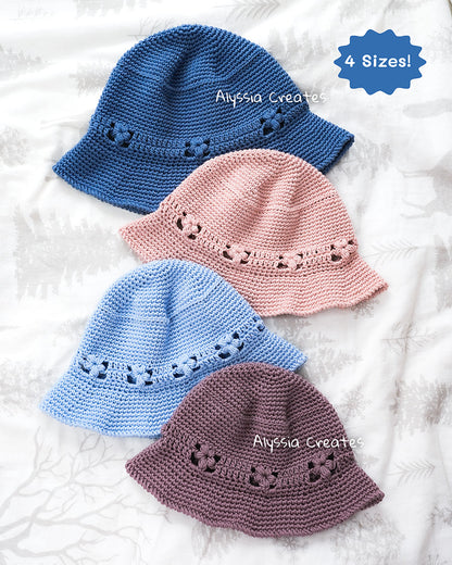 Puff Flower Bucket Hat Crochet PDF PATTERN | 4 sizes + 2 brim options!
