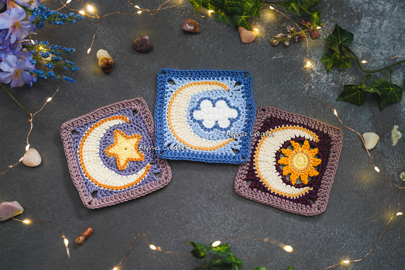 Sun, Star, Cloud with Crescent Moon Combination Granny Squares Crochet PDF PATTERN Pack (English)