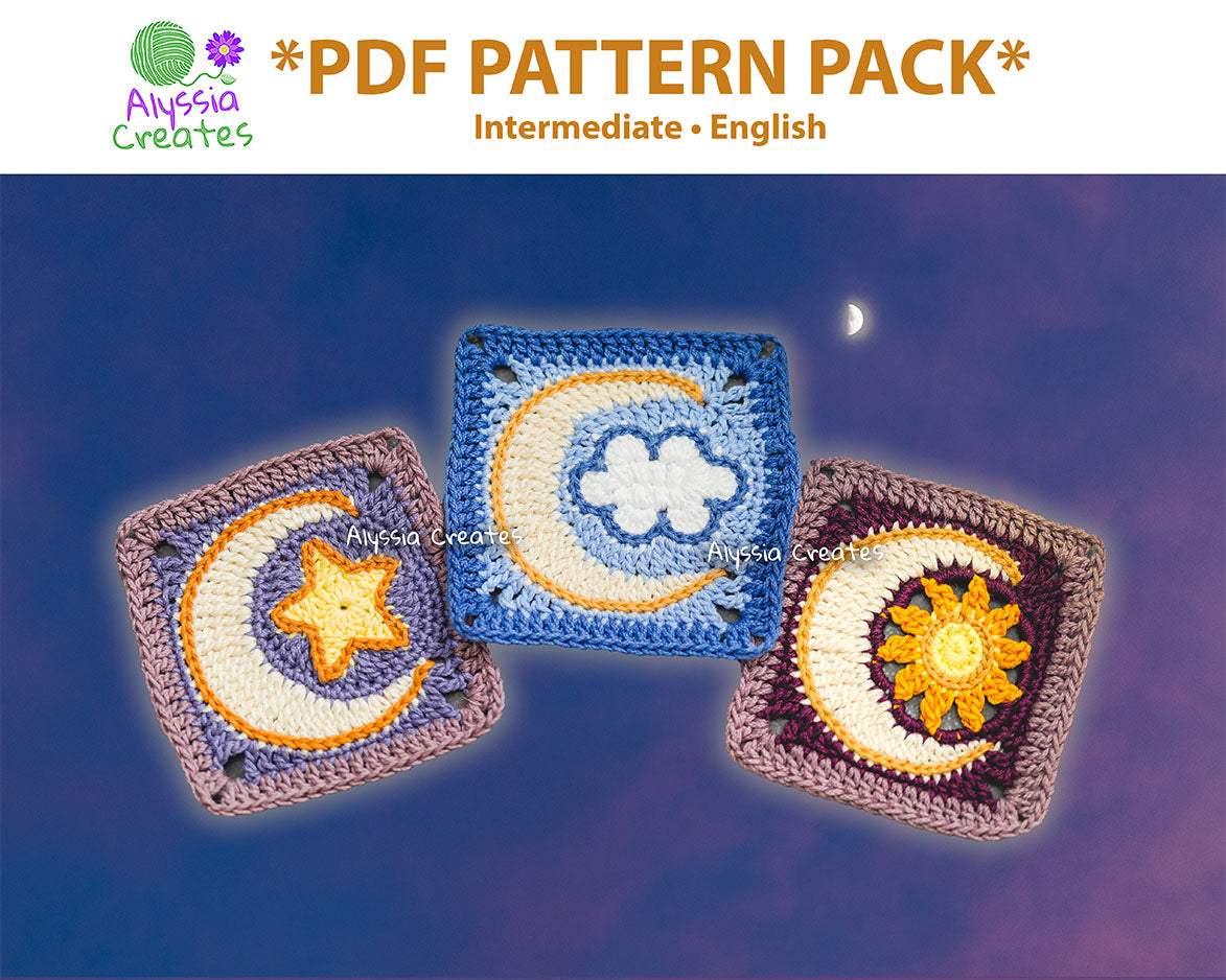 Sun, Star, Cloud with Crescent Moon Combination Granny Squares Crochet PDF PATTERN Pack (English)