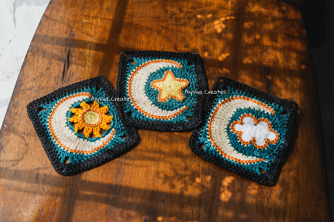 Sun, Star, Cloud with Crescent Moon Combination Granny Squares Crochet PDF PATTERN Pack (English)