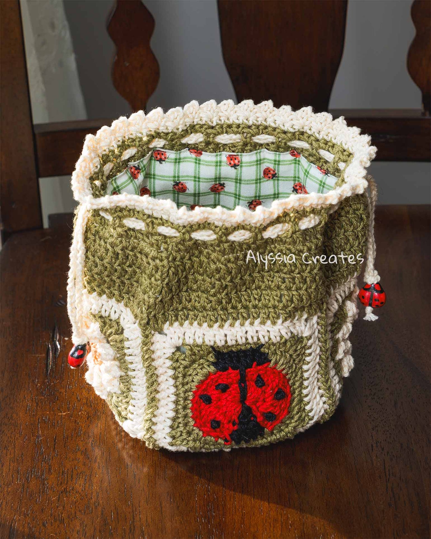 Ladybug and Daisy Drawstring Pouch Crochet PDF PATTERN - Intermediate (English)