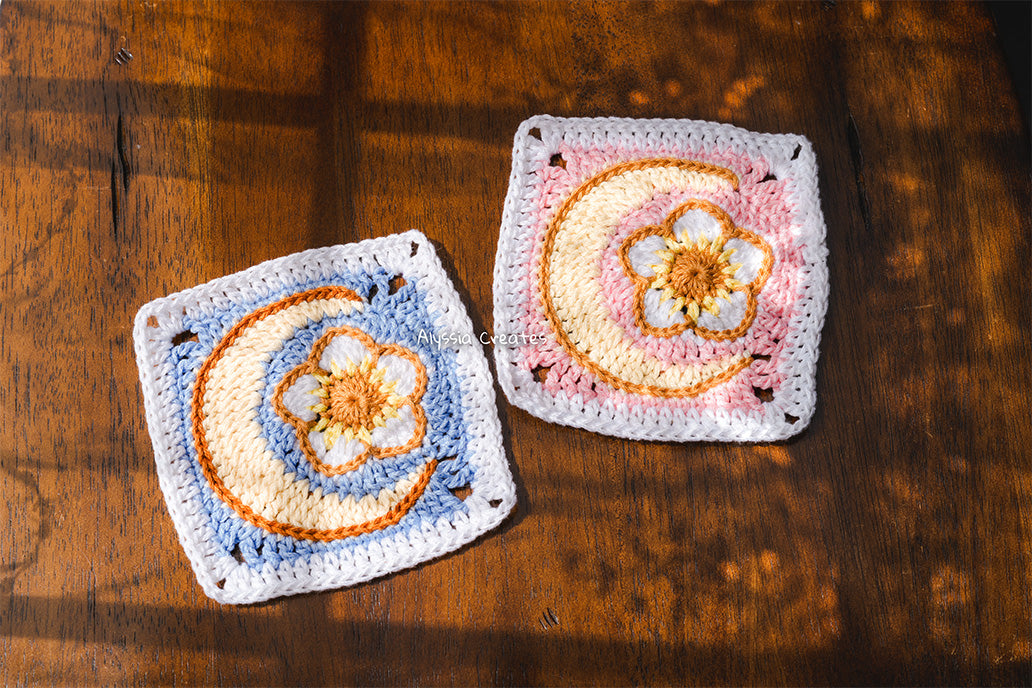 Flower with Crescent Moon Combination Granny Square Crochet PDF PATTERN (English)