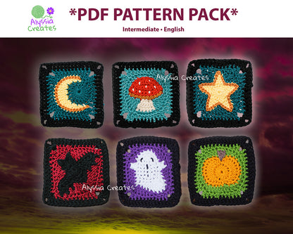 Halloween Crochet Granny Square PDF Pattern Pack - Ghost, Pumpkin, Bat, Mushroom, Moon, Star (English)