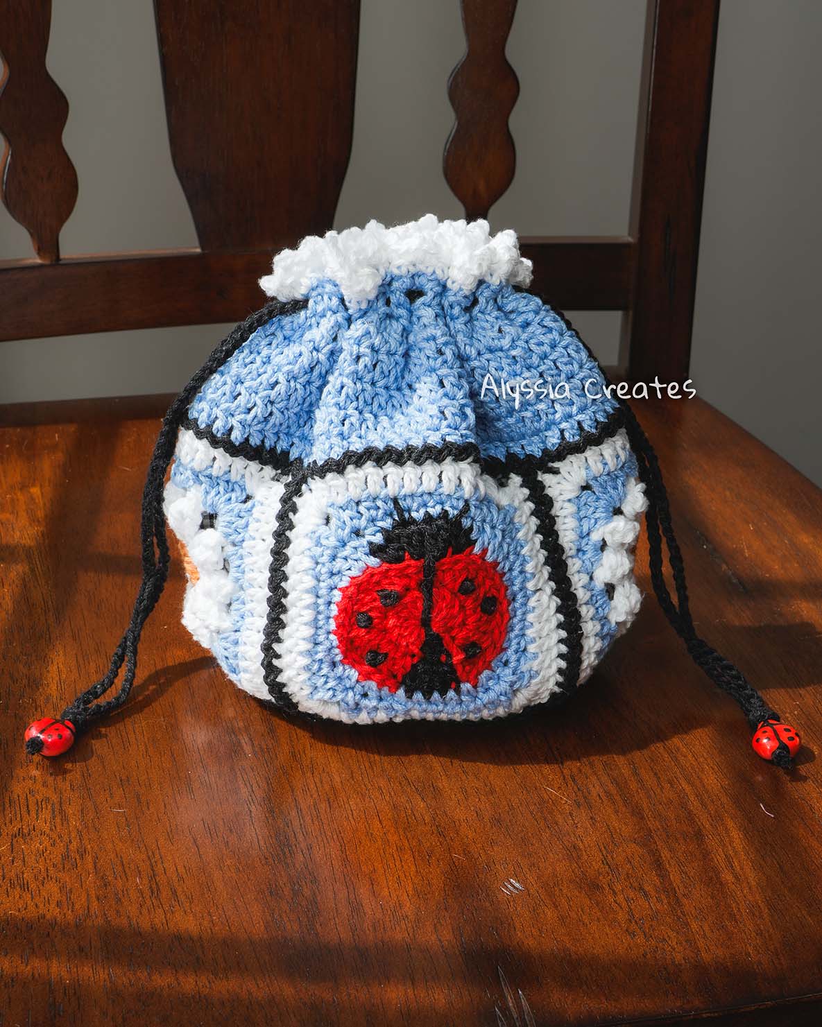 Ladybug and Daisy Drawstring Pouch Crochet PDF PATTERN - Intermediate (English)