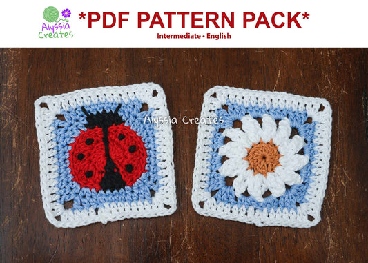Ladybug and Daisy Granny Squares Crochet PDF PATTERN PACK - Intermediate (English)