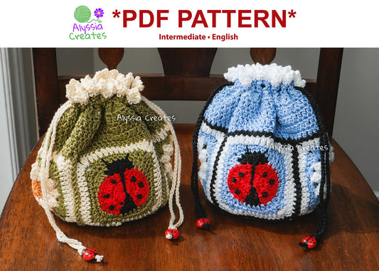 Ladybug and Daisy Drawstring Pouch Crochet PDF PATTERN - Intermediate (English)
