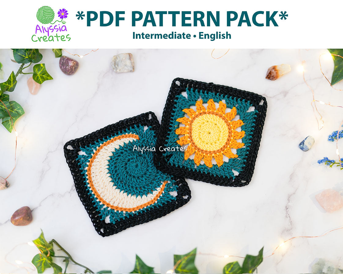 Large Sun and Moon Granny Square Crochet PDF PATTERN Pack (English)