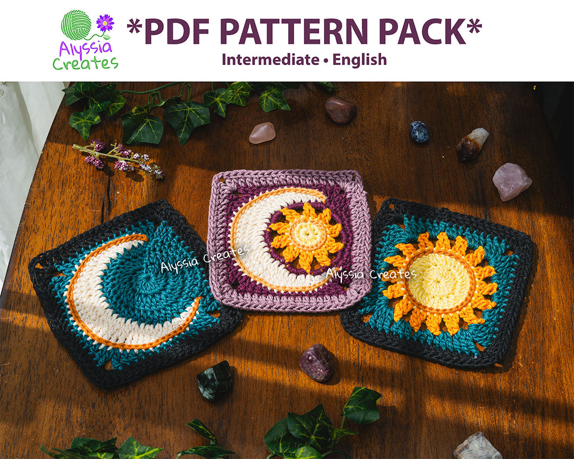 Celestial Sun, Moon and Combination Granny Square Crochet PDF PATTERN Pack (English)