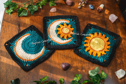 Celestial Sun, Moon and Combination Granny Square Crochet PDF PATTERN Pack (English)