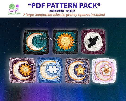 Large Celestial Granny Squares Crochet PDF PATTERN Pack - Moon, Sun, Cloud, Star, Flower, Bat (English)