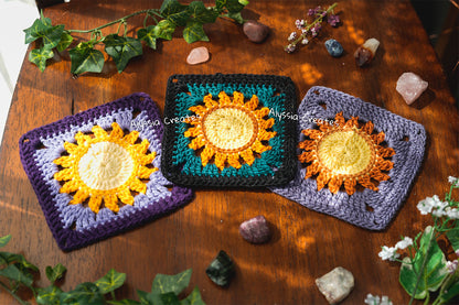 Large Celestial Granny Squares Crochet PDF PATTERN Pack - Moon, Sun, Cloud, Star, Flower, Bat (English)