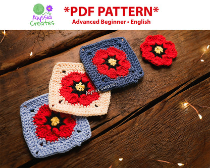 Small Poppy Flower Granny Square Crochet PDF PATTERN  (English)