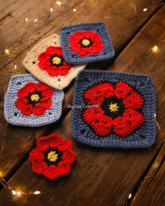 Small and Large Poppy Flower Granny Square Crochet PDF PATTERN  (English)