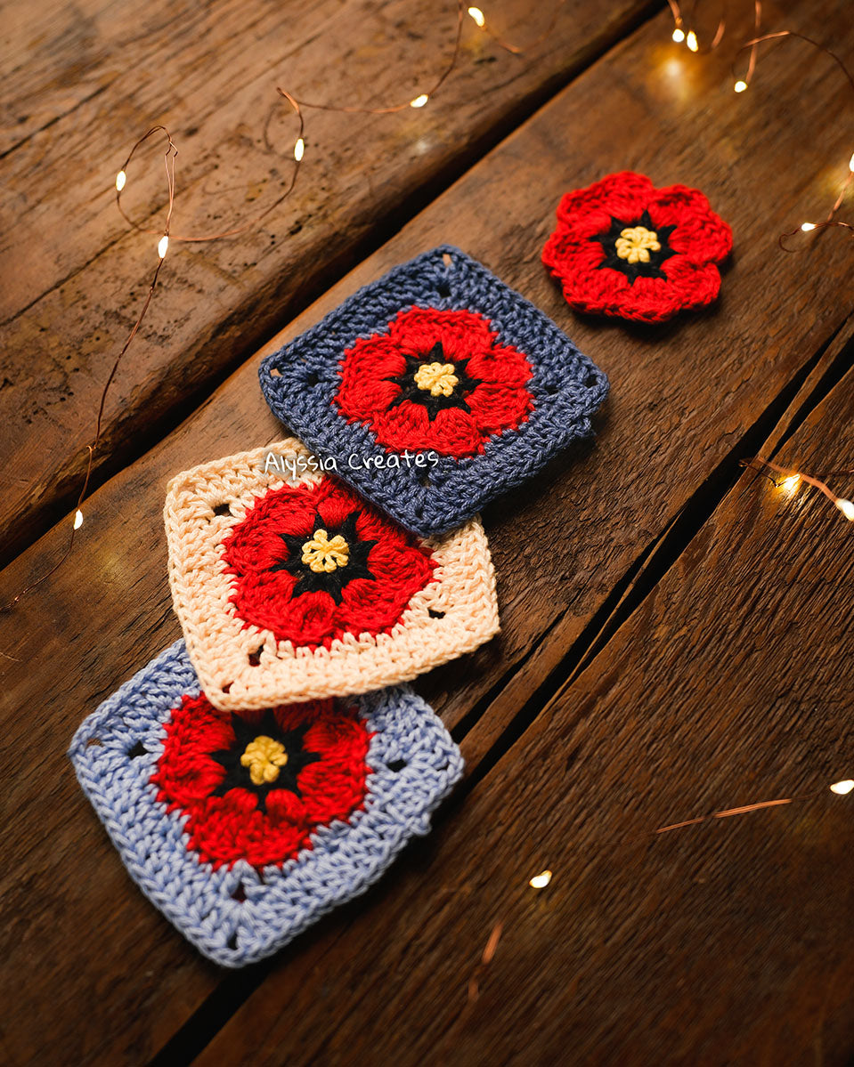Small and Large Poppy Flower Granny Square Crochet PDF PATTERN  (English)