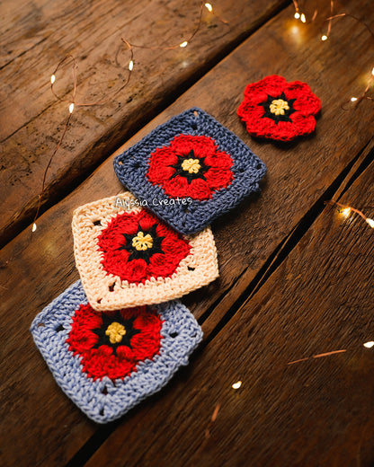 Small and Large Poppy Flower Granny Square Crochet PDF PATTERN  (English)