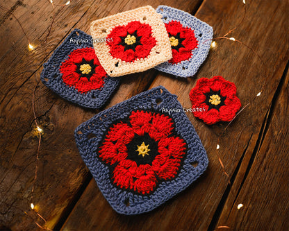 Small and Large Poppy Flower Granny Square Crochet PDF PATTERN  (English)