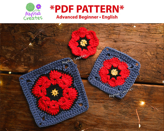 Small and Large Poppy Flower Granny Square Crochet PDF PATTERN  (English)