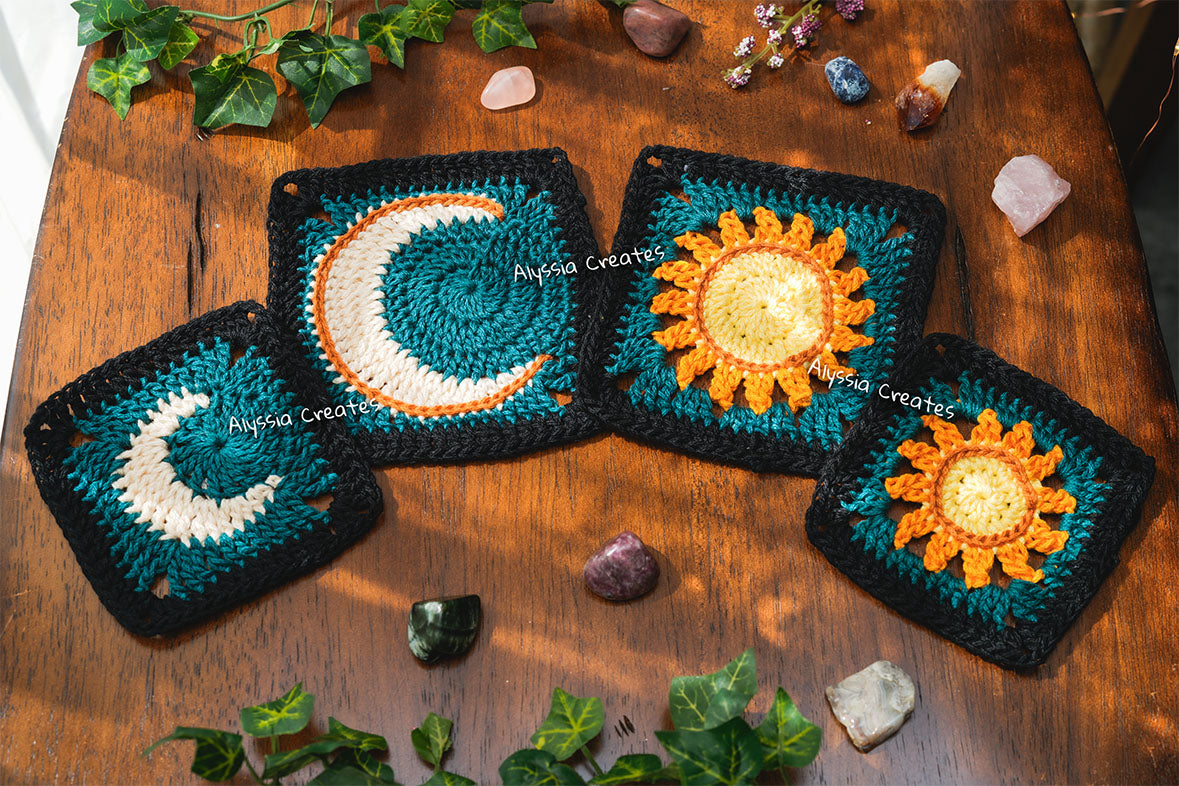 Small and Large Sun and Moon Granny Square Crochet PDF PATTERN Pack (English)