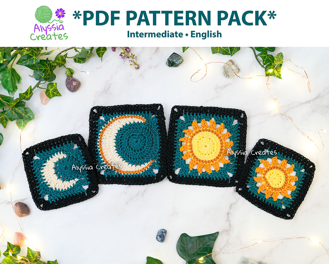 Small and Large Sun and Moon Granny Square Crochet PDF PATTERN Pack (English)