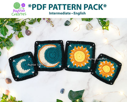 Small and Large Sun and Moon Granny Square Crochet PDF PATTERN Pack (English)