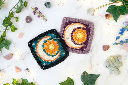Sun with Crescent Moon Combination Granny Square Crochet PDF PATTERN (English)