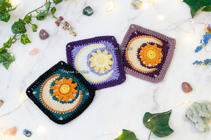 Sun with Crescent Moon Combination Granny Square Crochet PDF PATTERN (English)
