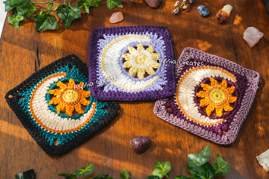 Large Celestial Granny Squares Crochet PDF PATTERN Pack - Moon, Sun, Cloud, Star, Flower, Bat (English)