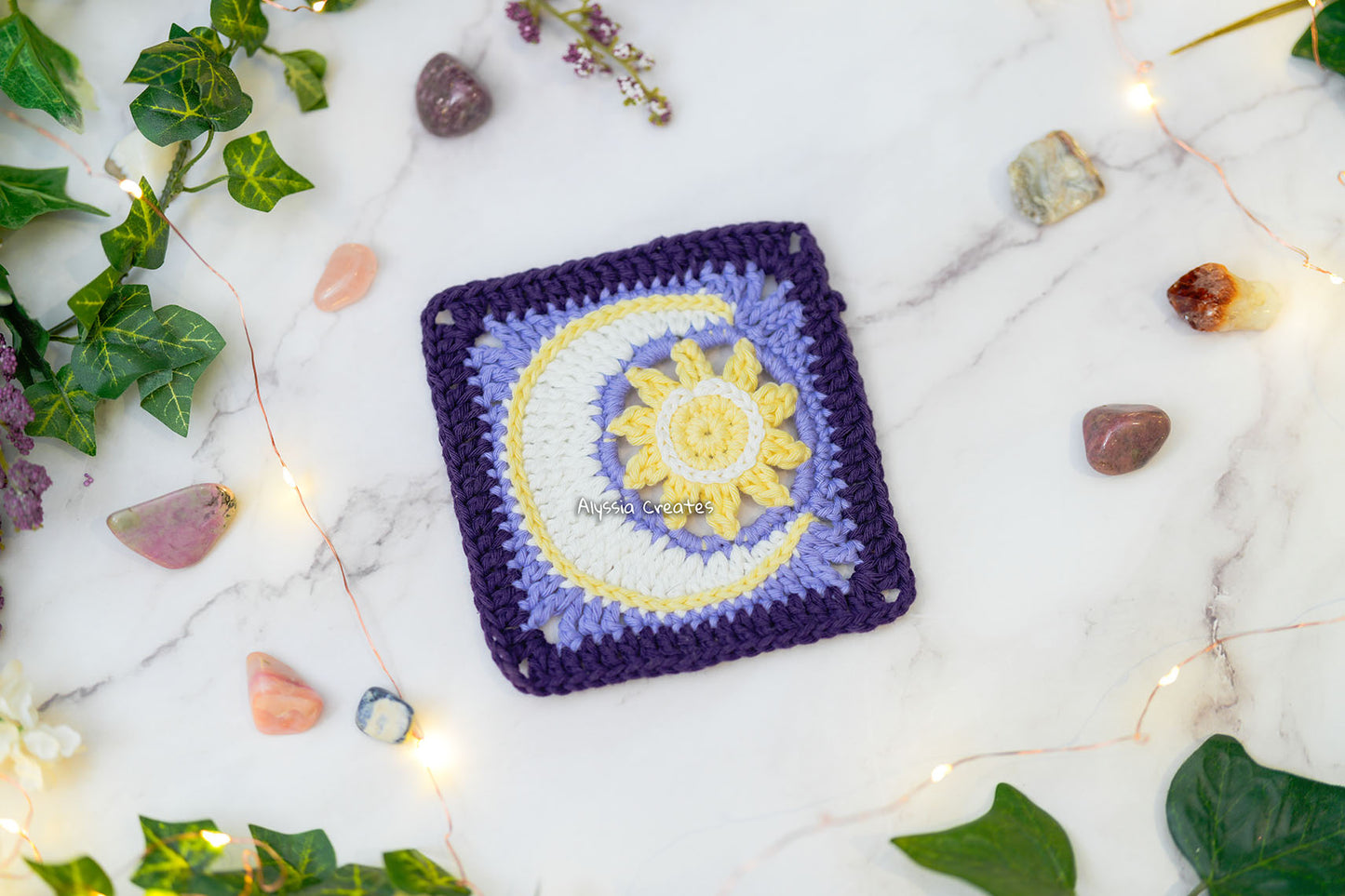 Sun with Crescent Moon Combination Granny Square Crochet PDF PATTERN (English)