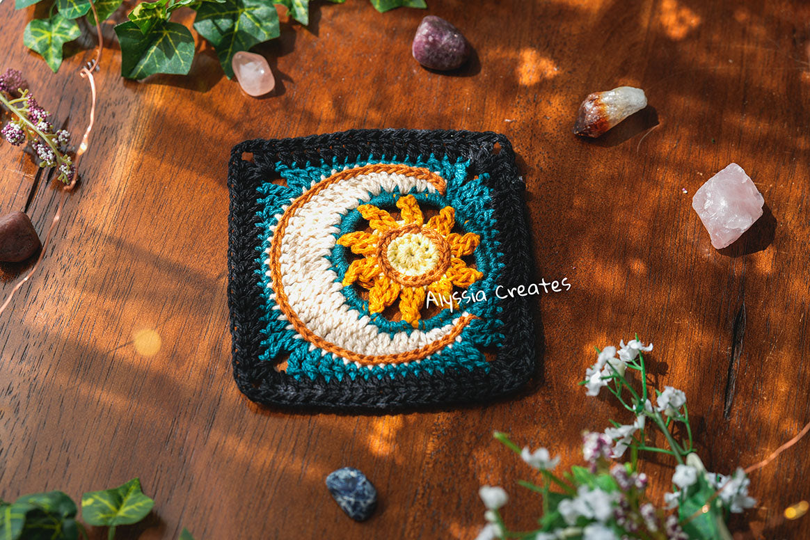 Sun with Crescent Moon Combination Granny Square Crochet PDF PATTERN (English)