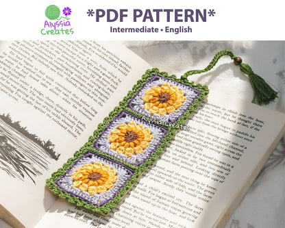 Crochet Sunflower Granny Square Bookmark PDF PATTERN | Intermediate