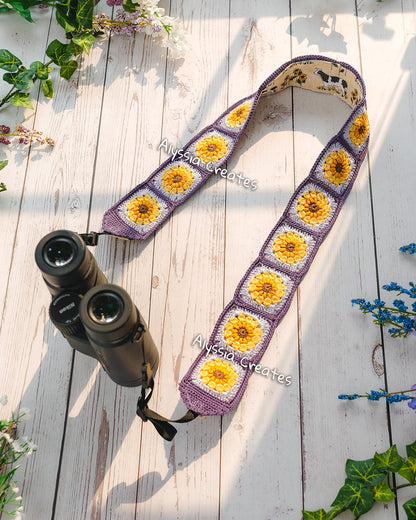 Crochet Sunflower Granny Square Strap PDF PATTERN (Bag, Camera, Binocular strap etc.) | Intermediate