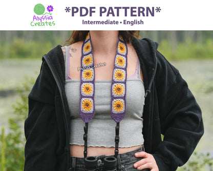 Crochet Sunflower Granny Square Strap PDF PATTERN (Bag, Camera, Binocular strap etc.) | Intermediate