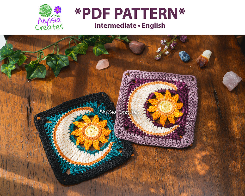 Sun with Crescent Moon Combination Granny Square Crochet PDF PATTERN (English)