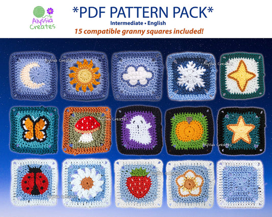 Crochet Whimsical Granny Squares PDF PATTERN PACK (15 compatible squares included) | English