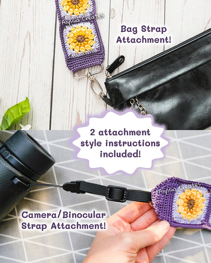 Crochet Sunflower Granny Square Strap PDF PATTERN (Bag, Camera, Binocular strap etc.) | Intermediate
