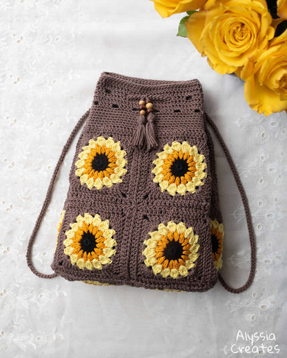 Sunflower Drawstring Backpack Crochet PDF PATTERN (English)
