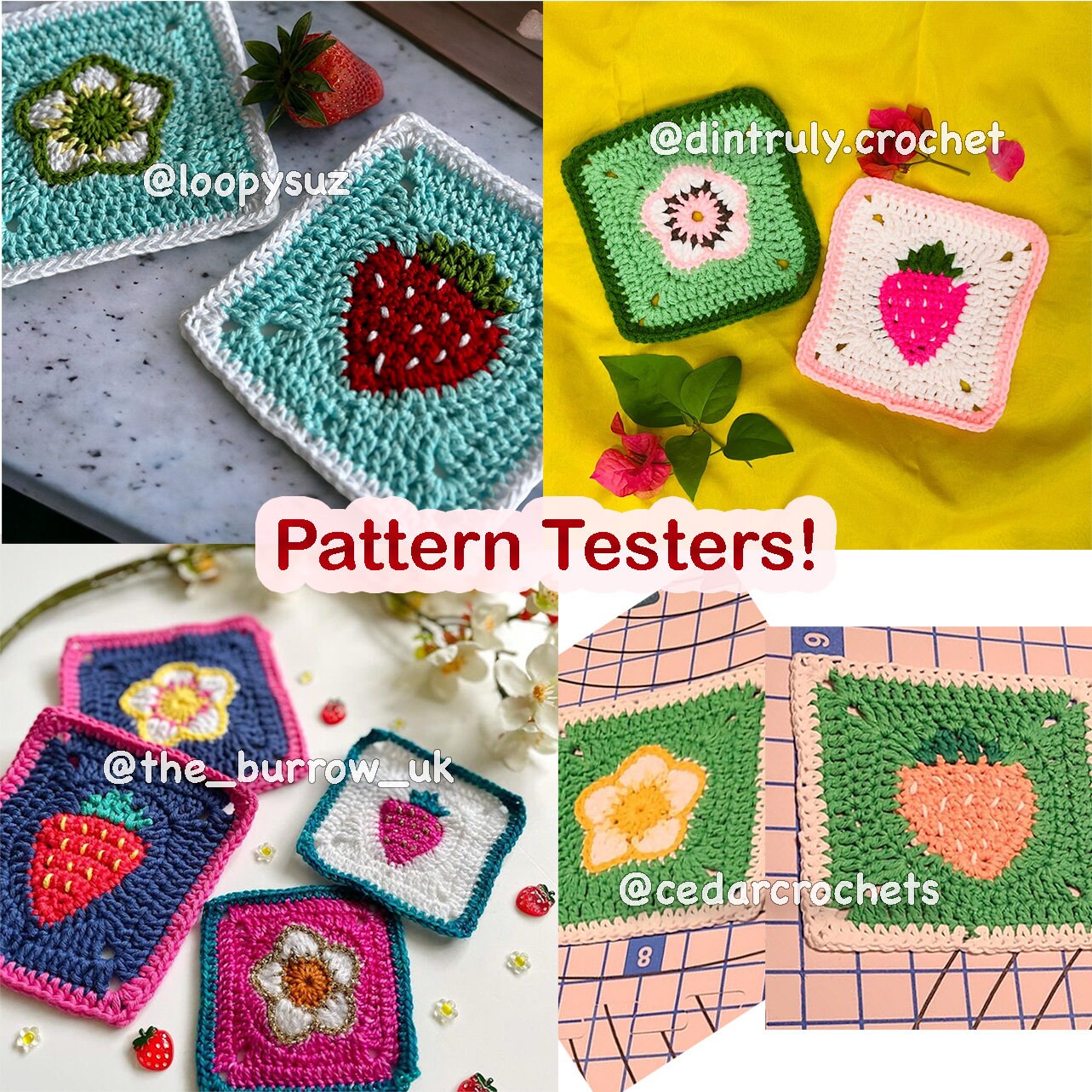 Strawberry Themed Granny Squares Crochet PDF PATTERN PACK (English)
