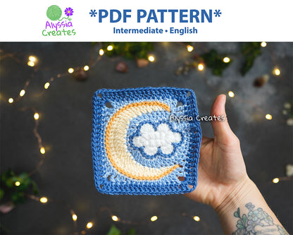 Cloud with Crescent Moon Combination Granny Square Crochet PDF PATTERN (English)
