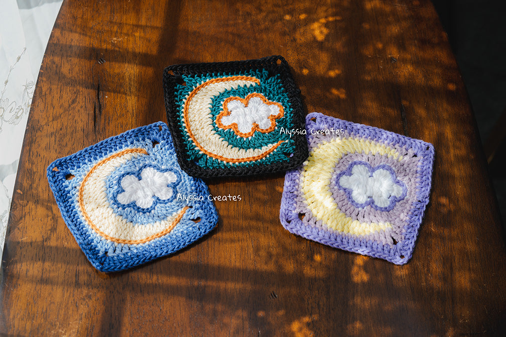 Cloud with Crescent Moon Combination Granny Square Crochet PDF PATTERN (English)