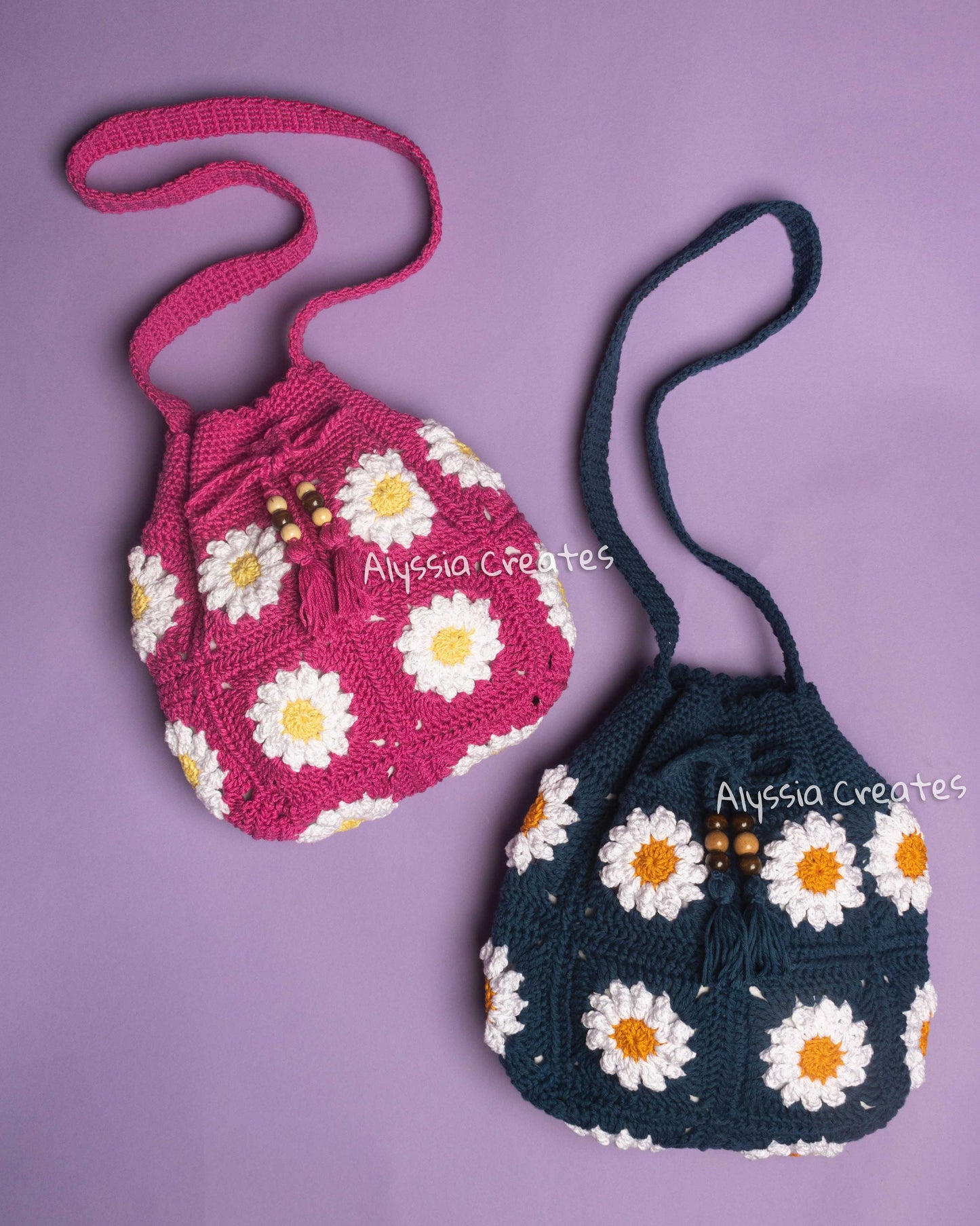 Daisy Crossbody Drawstring Bag Crochet PDF PATTERN - Advanced Beginner/Intermediate (English)