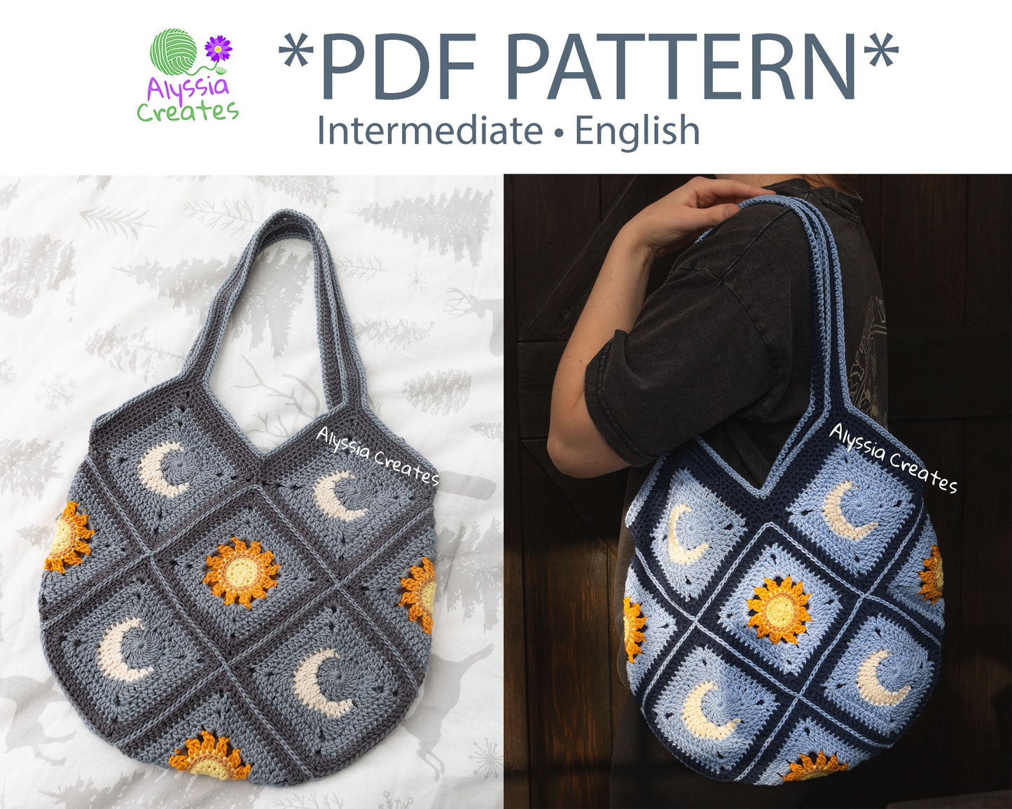 Sun and Moon Tote Bag Crochet PDF PATTERN - Intermediate (English)