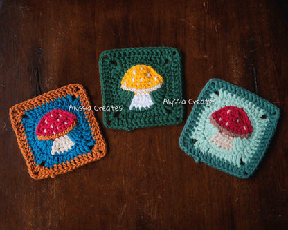 Mushroom Granny Square Crochet PDF PATTERN - Intermediate (English)