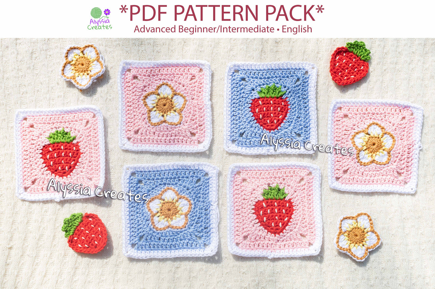 Strawberry Themed Granny Squares Crochet PDF PATTERN PACK (English)